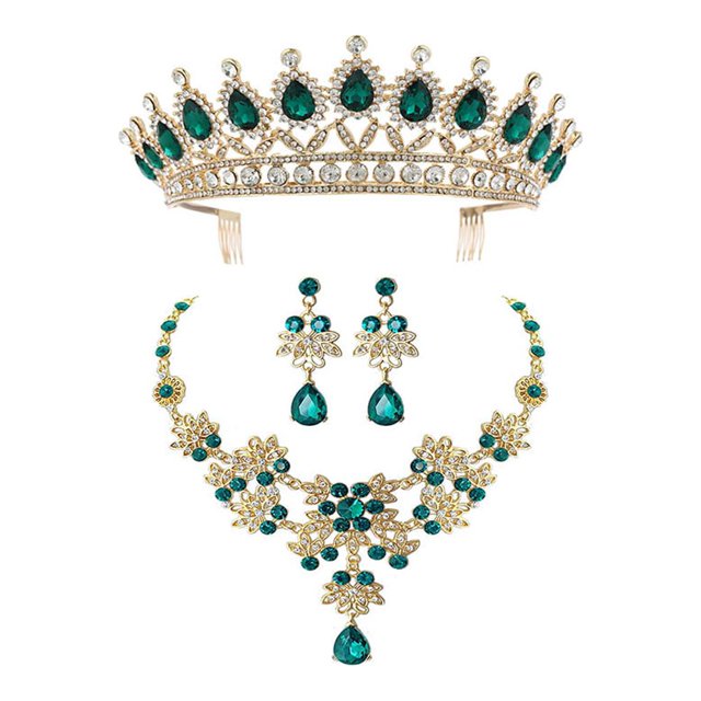 EeaseMX 1 Set Unique Bride Crown Necklace Earring Set Elegant Jewelry Wedding Dress Accessories Accesorio de vestuario para mujeres Mujer (Verde)