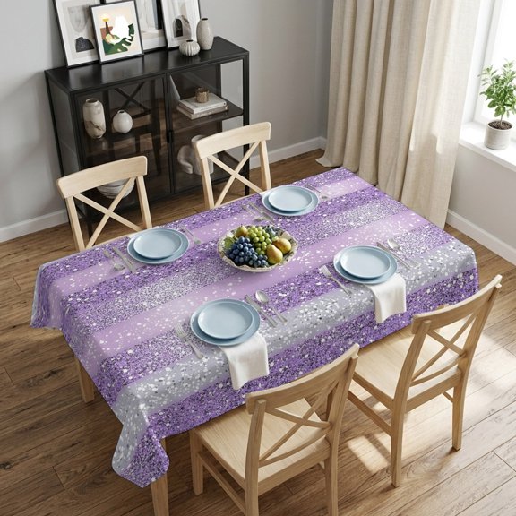 Purple Dots Rectangle Tablecloth 60x84 Inch Shiny Sliver Lines Stripes Waterproof Polyester Table Cover, Washable Stain Resistant Tablecloth for Dining Table Kitchen Wedding