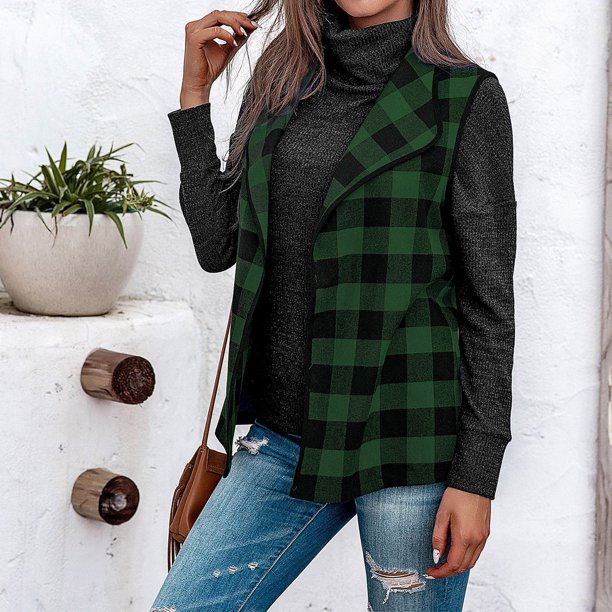 Pntutb Mujer Moda Casual Plaid Felpa Chaleco Solapa Chaqueta Pntutb Pntutb-1576