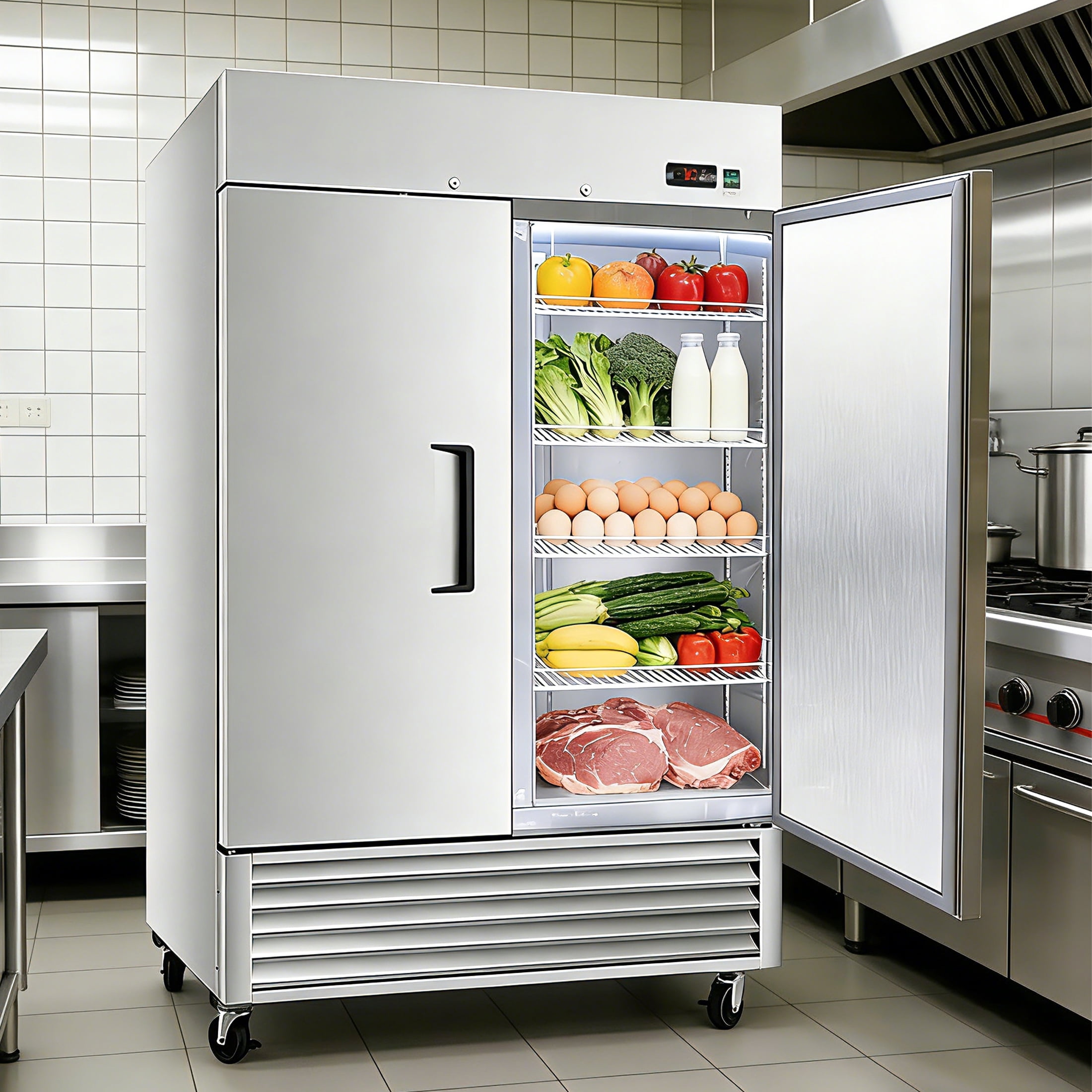 CTOSPOATO Commercial Refrigerator 54" W 2 Section 2 Solid Door Stainless Steel Interior and Exterior Construction Upright Fan Cooling 42.2 Cu.ft for Restaurant,Bar,Shop