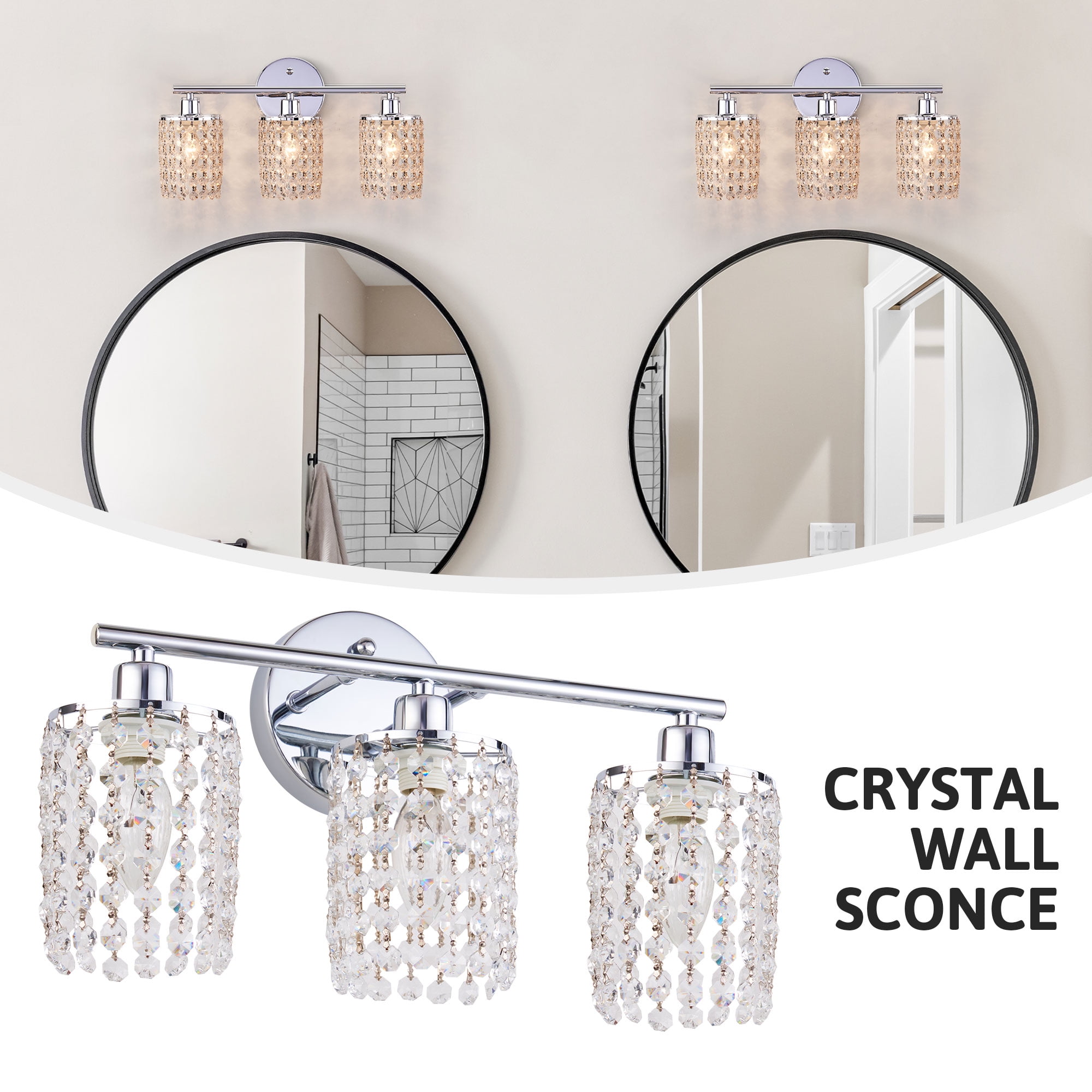 Bestco Crystal Wall Sconce 3 Bulb Vanity Light Fixture for Bathroom ...