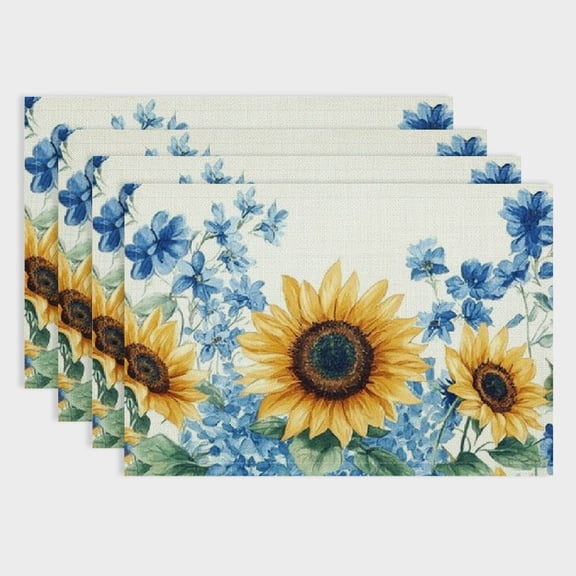 Shiartex Sunflowers Blue Flowers Linen Placemats Set of 4 for Dining Table, Home Decoration - Washable, Heat-Resistant 18x12in