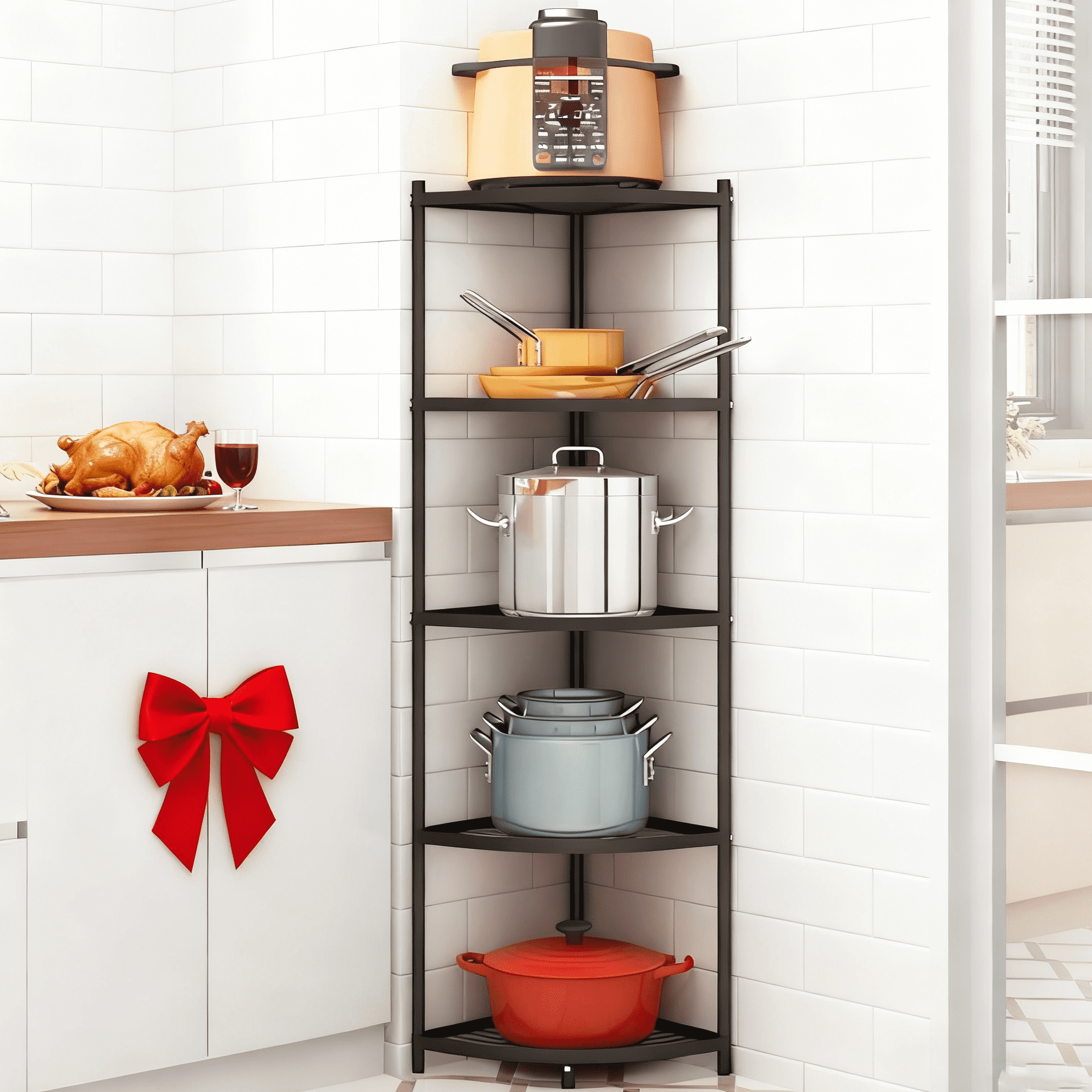 petoto 5-Tier Kitchen Pot Rack Stand Metal Wire Corner Shelf Rack Multi-Layer Storage Organizer Space Saving Storage Rack for Living Room, Office, Kitchen, Black