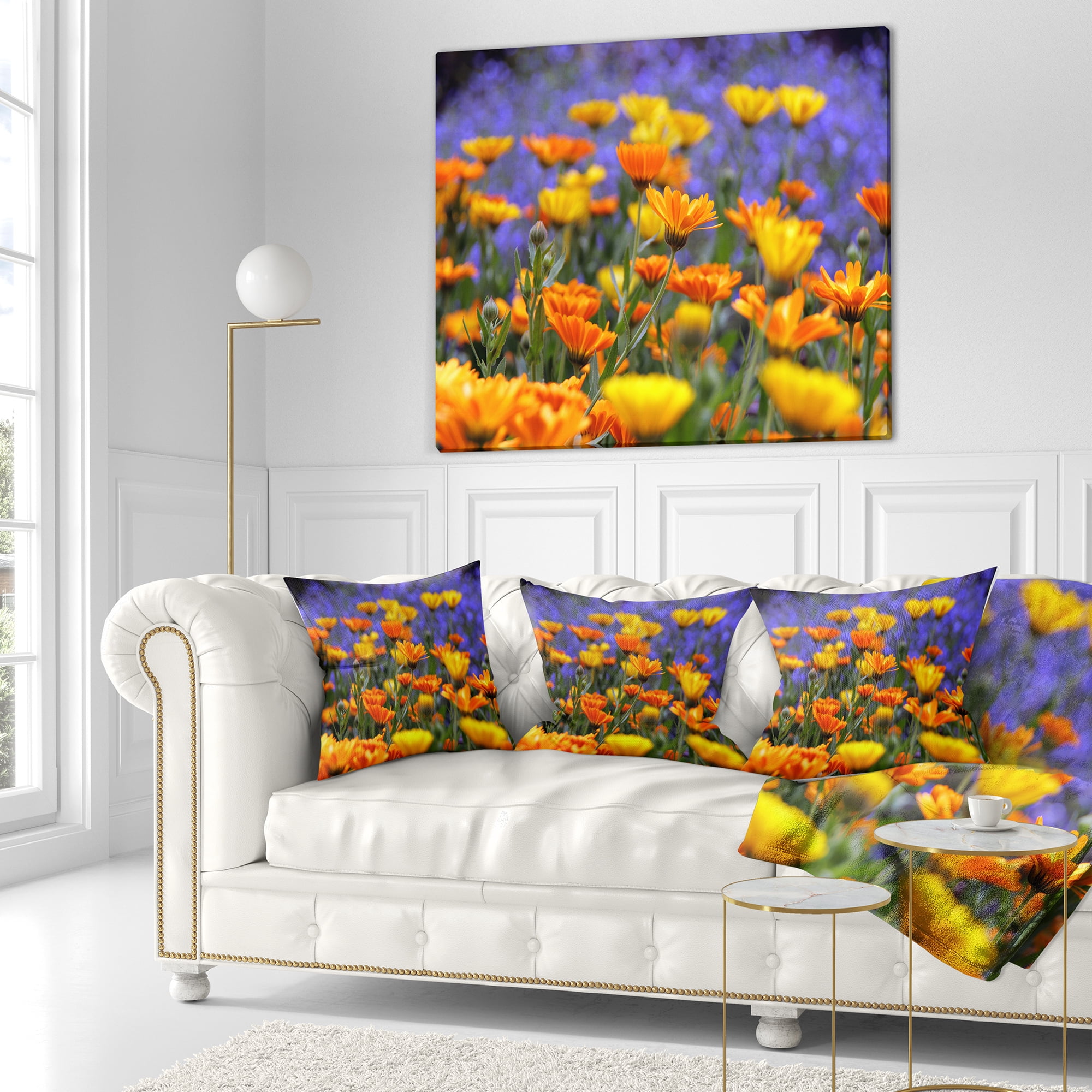 Designart Yellow Orange Flower Garden - Floral Throw Pillow - 18x18