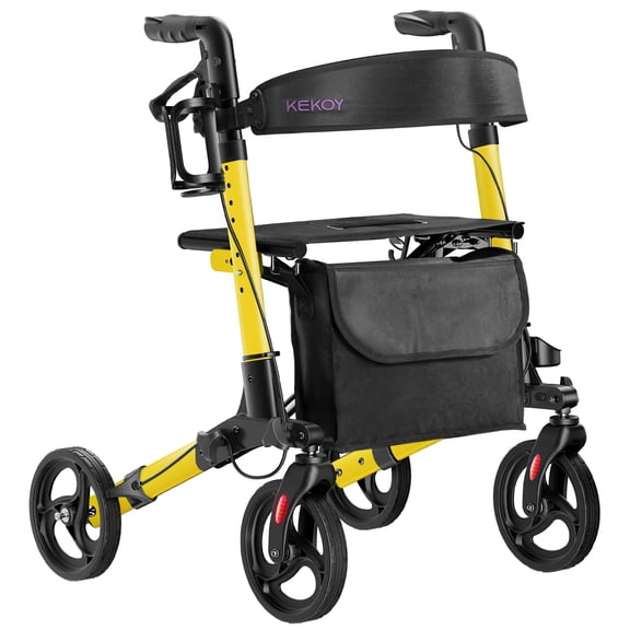 KEKOY Foldable Mobility Rollator Walkers for Seniors with Seat 350 lb, Adjustable Handles and Backrest Height, Adult Aluminum Rolling Walker, 8" Big Wheels, Yellow