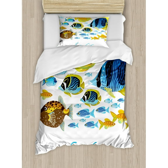 Fish Duvet Cover Set Twin Size, Vivid Underwater Wild Life with Freshwater Tropical Fish Creatures Sea Theme Artwork, Decorative 2 Piece Bedding Set with 1 Pillow Sham, Multicolor, by Ambesonne