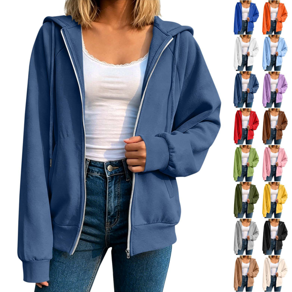 zejinsd Womens Casual Sweatshirts Fashion Loose Hooded Jacket Long Sleeved Zip Up Sweatshirts Solid Color Daily Outerwear Tops with Pockets