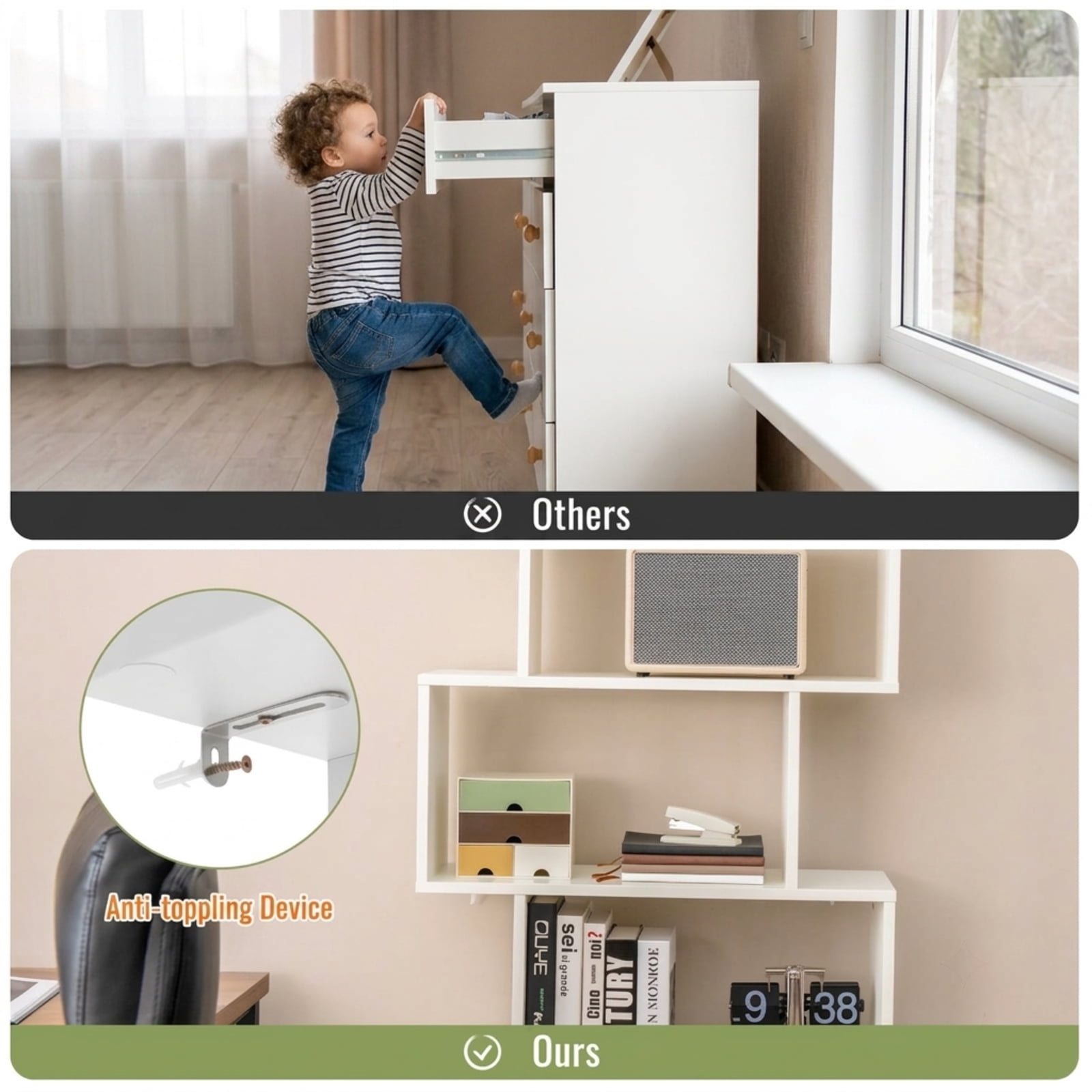 Furnibear 6-Tier S-Shaped Freestanding Bookshelf with 5 Open Shelves and Closed Cabinet Tall Wood Storage for Living Room and Office, White