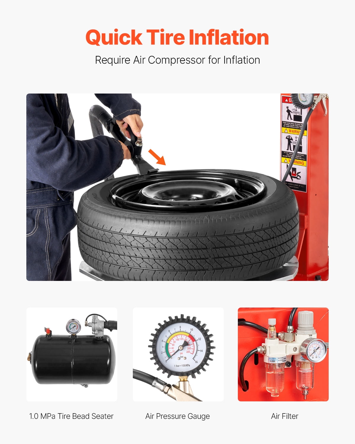 KFFKFF Tire Changer Machine with 1.5HP Motor, Sturdy Design Featuring Air Pressure Gauge & Pneumatic Assist Arm, Pedal-Controlled Operation with Reinforced Chuck, Suitable for Sedan, SUV
