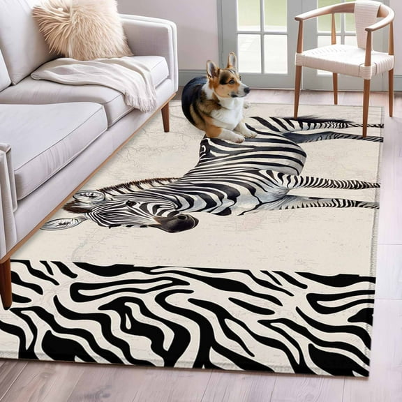 Vintage Zebra Area Rug 4x6 Washable Rug Non Slip Modern Art Animal Watercolor Large Area Rug Indoor Floor Carpet for Entryway Bedroom Kitchen Living Room Home Office Dining Room Nursery