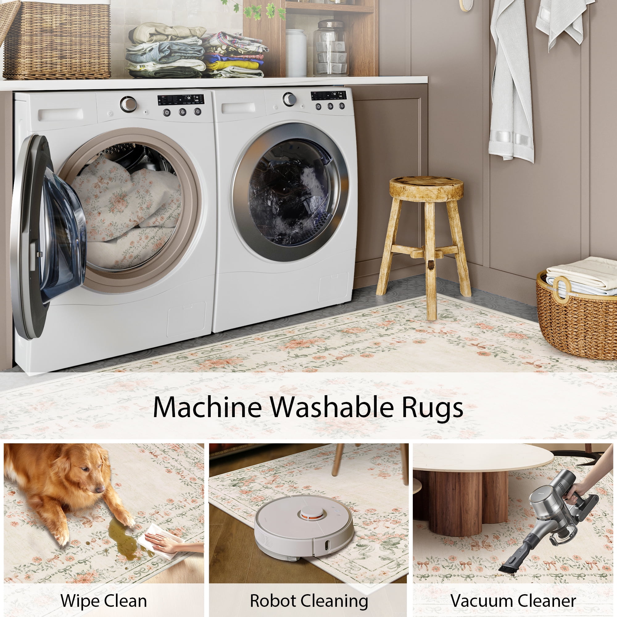 Lahome Washable 8'x10' Area Rug, Beige Floral Bow Print Rugs for Living Room, Non-Slip Ultra-Thin Soft Boho Neutral Carpet for Bedroom Kids Nursery Dorm, Large Mat, Beige