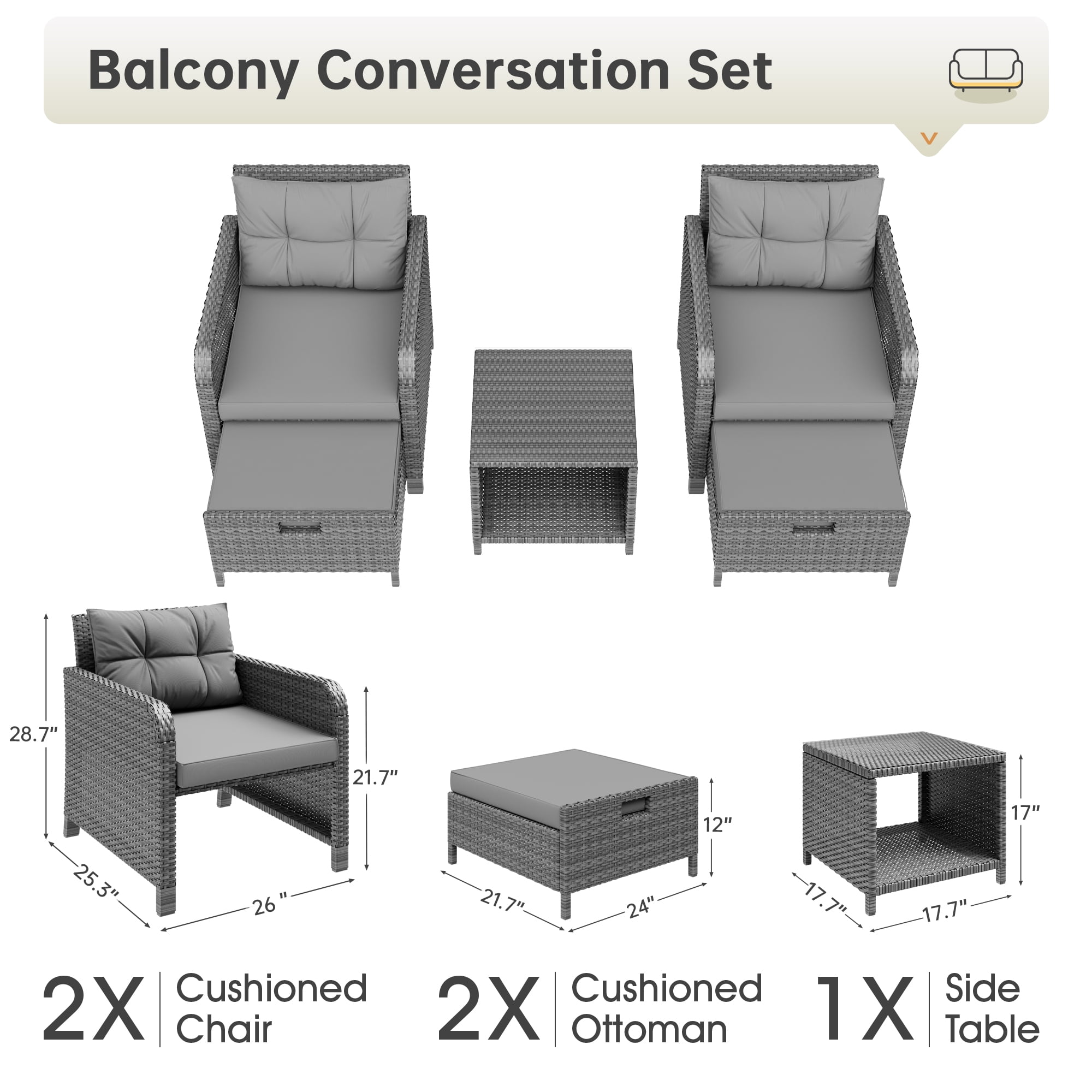 LHBcraft Balcony Furniture 5 Piece Patio Conversation Set, PE Wicker Rattan Outdoor Lounge Chairs with Soft Cushions 2 Ottoman&Glass Table for Porch.