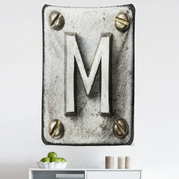 Letter M Tapestry, Zinc Iron Steel Alphabet Typeset with Grunge Scratched Texture Industry Image, Fabric Wall Hanging Decor for Bedroom Living Room Dorm, 5 Sizes, Pale Grey Sepia, by Ambesonne