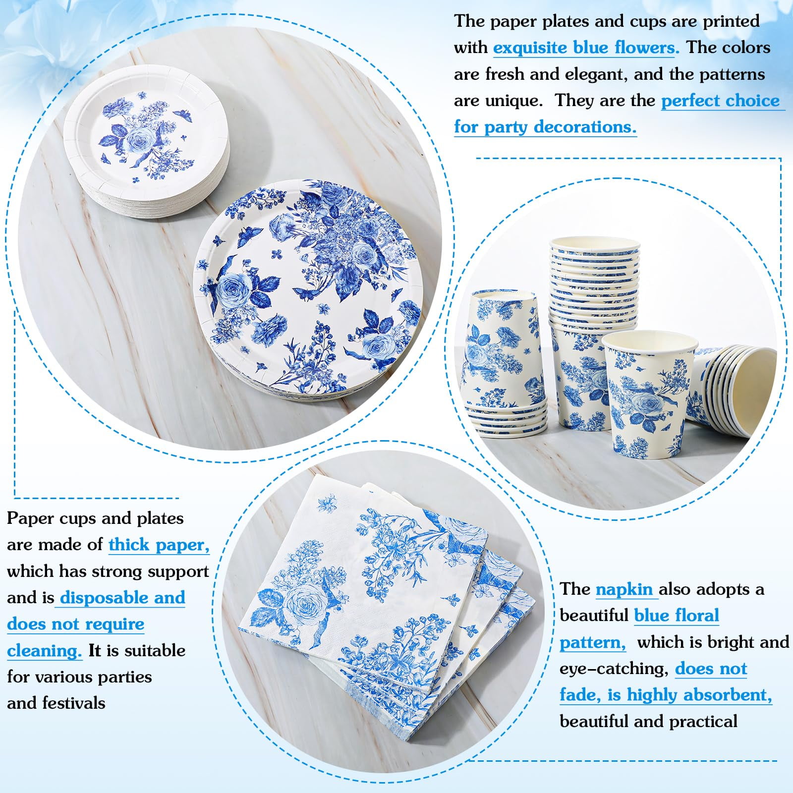 Maxcheck 350 Pcs Blue and White AFN1Flower Party Set Disposable Blue Floral Party Supplies 50 Guests Blue White Paper Plates Napkins Cups Dinnerware Set for Baby Shower Birthday Wedding Party