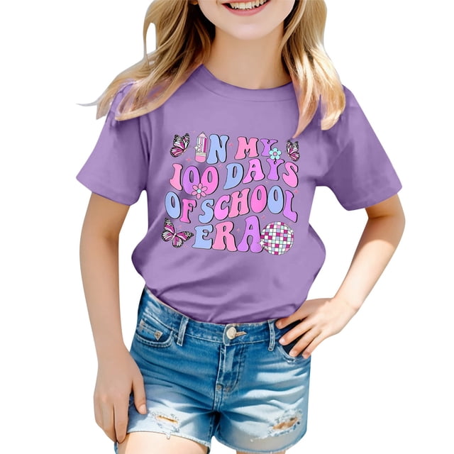 Chemises Filles Rentrée des Classes Imprimé Haut d'Été avec Manches Trois Quarts Hauts pour Enfants Filles, T-Shirts Violet Clair 5 Ans-6 Ans