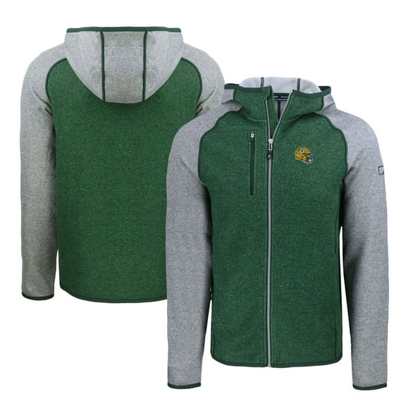 Men's Cutter & Buck Heather Green/Heather Gray Green Bay Packers Helmet Mainsail Sweater-Knit Full-Zip Hoodie