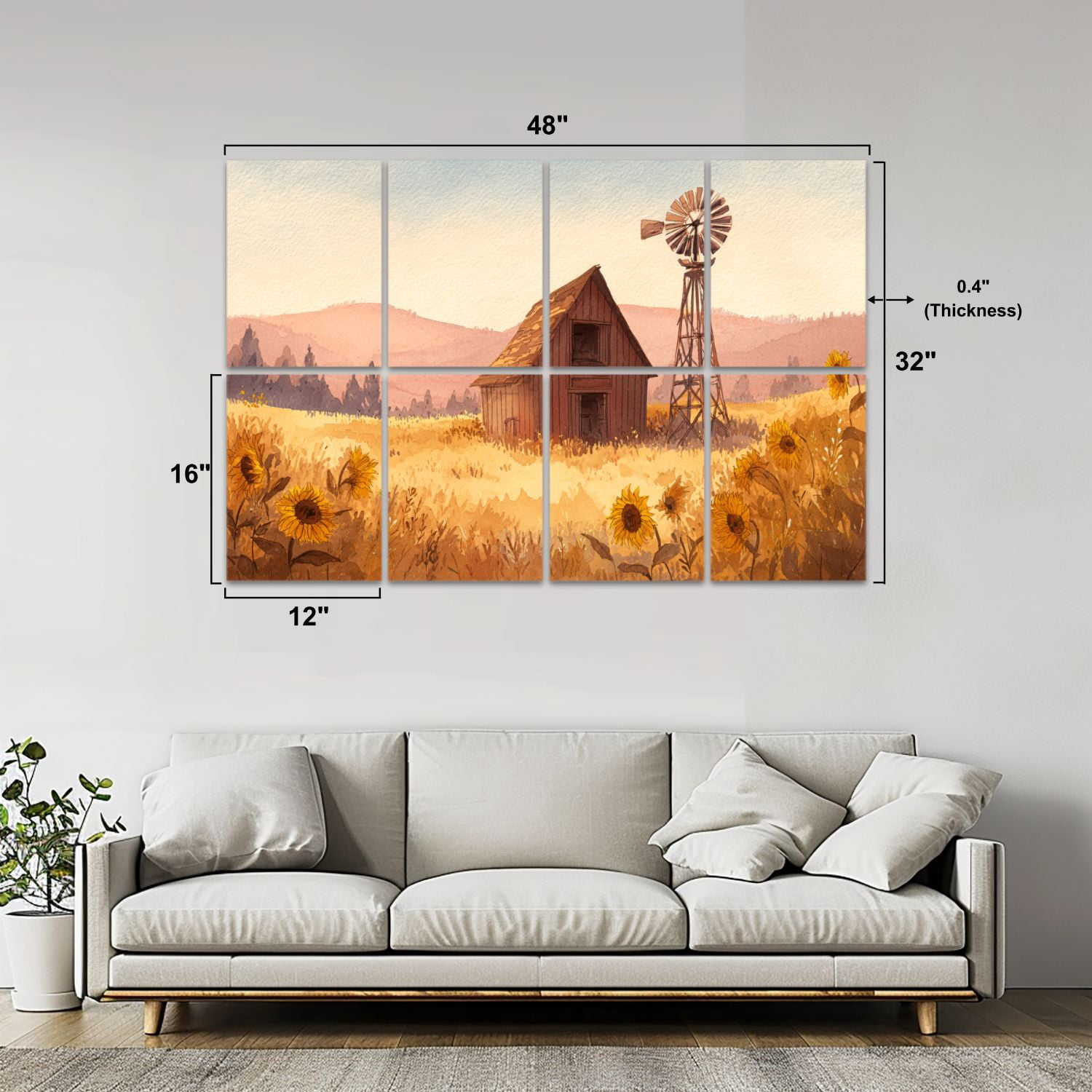 8 Pack Art Acoustic Panels Sound Absorbing Golden Sunset Barn Sunflowers Watercolor Art Decorative Soundproof Wall Panels Self Adhesive for Bedroom Home Office 48"x32"