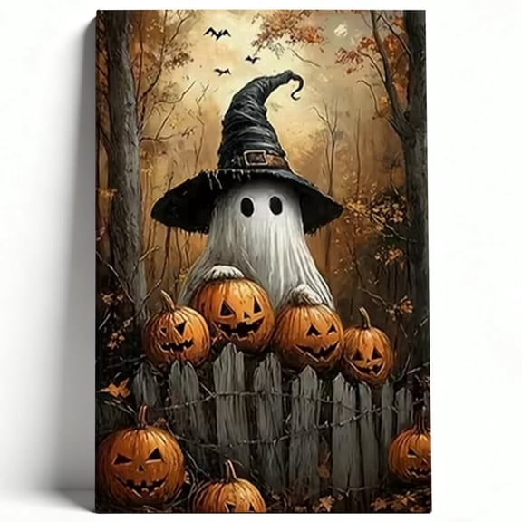 Vintage Rustic Wall Art Pumpkin Ghost Illustration Autumn Forest Painting Retro Decor Halloween Decoration with Witch Hat 12" x 16"