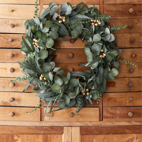 Guvpev 24" Olive & Eucalyptus Wreath for Front Door, Artificial Spring Door Wreath with Berries, Faux Green Fake Greenery Encalyptus Wreath for Wall Window Indoors Outdoor Farmhouse Home Decor