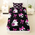 thumbnail image 3 of Feelyou Halloween Ghost Bow Twin Sheets, Skull Pumpkin Bedding, Black Hot Pink, 3pcs, 1 Flat Sheet, 1 Fitted Sheet and 1 Pillowcase, 3 of 5