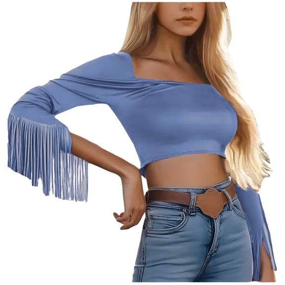 Plebaso Women's Crop T-Shirts Fringe Long Sleeve Casual Tees Square Neck Fashion Going out Tops for Women