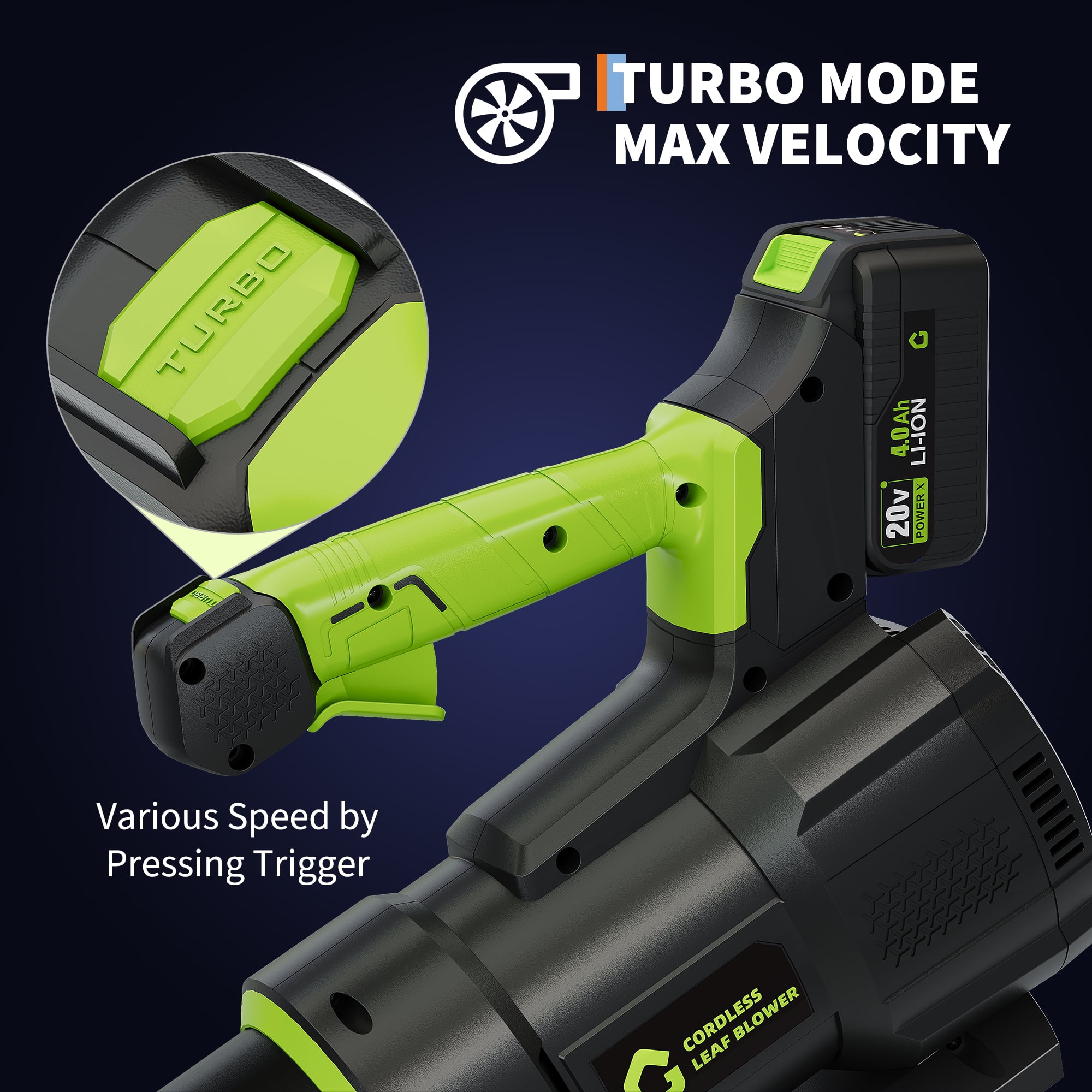 20V Cordless Leaf Blower - 650 CFM / 200 MPH, 4.0Ah Battery, Fast Charge, Brushless Motor, green