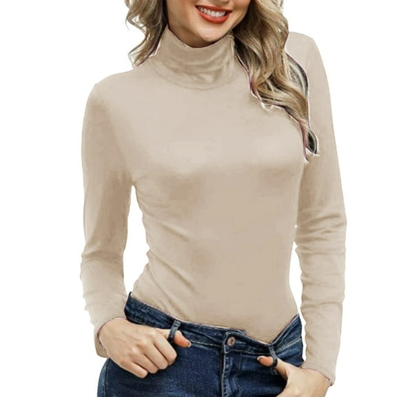 WNEGSTG Long Sleeve Shirts for Women Turtleneck Pullover Sexy Tight Fitting Priming T Shirt Khaki