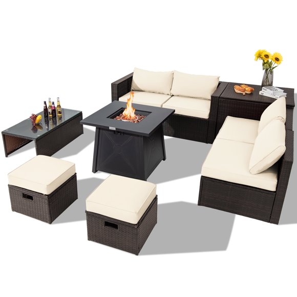 Topbuy 9 Pieces Outdoor Patio Furniture Set with 30" Propane Fire Pit Table Outdoor PE Wicker Space-Saving Sectional Sofa Set with Storage Box and Cushions Off White