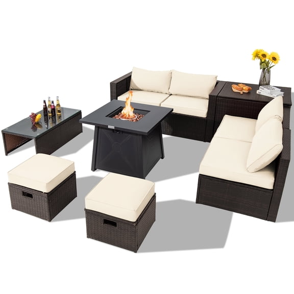 Topbuy 9PCS Outdoor Patio Furniture Set w/ 30" Propane Fire Pit Table PE Wicker Space-Saving Sectional Sofa Set w/ Storage Box & Off Withe Cushions