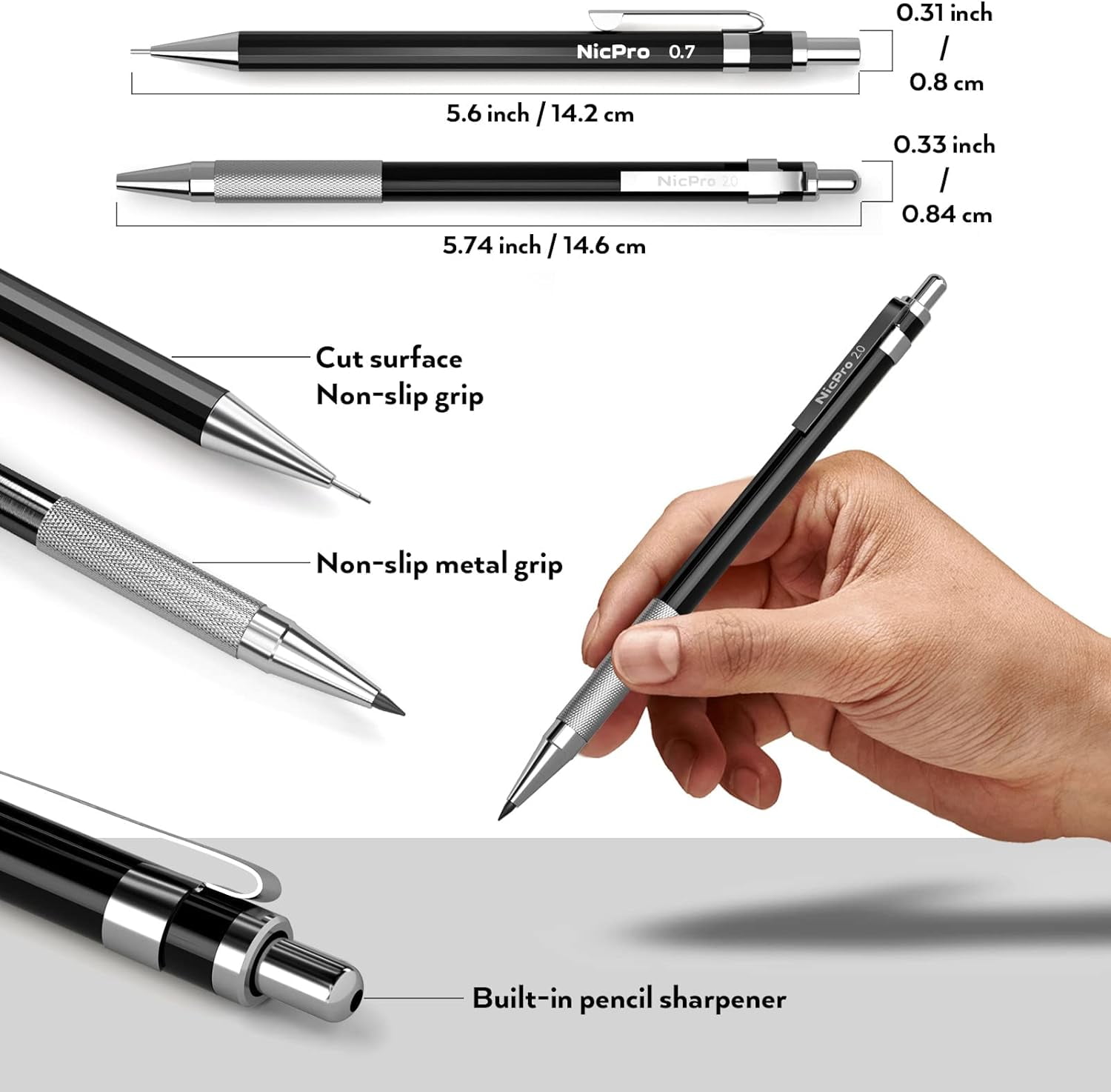 Nicpro 5 Pcs Black Metal Mechanical Pencil Set in Leather Case, 0.3, 0.5, 0.7, 0.9 mm & 2mm Lead Pencil Holders, (4B 2B HB 2H) Lead Refills (Black & Colors), Erasers
