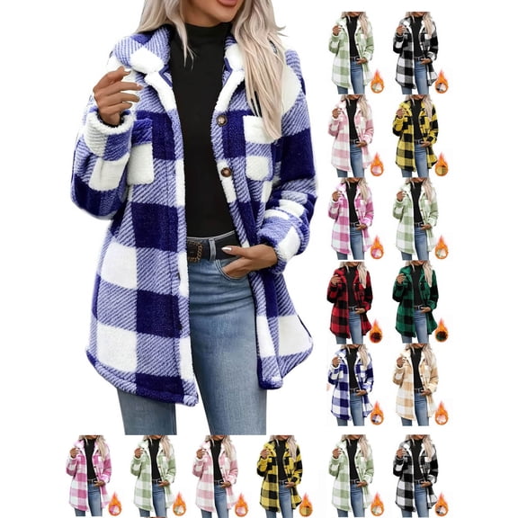 Hzzrkos Women Casual Loose Plaid Button Down Lapel Collar Long Sleeve Fleece Lined Shacket Jacket Warm Winter Outerwear Coat Fashion Button Front Shirt Jacket Blue XL