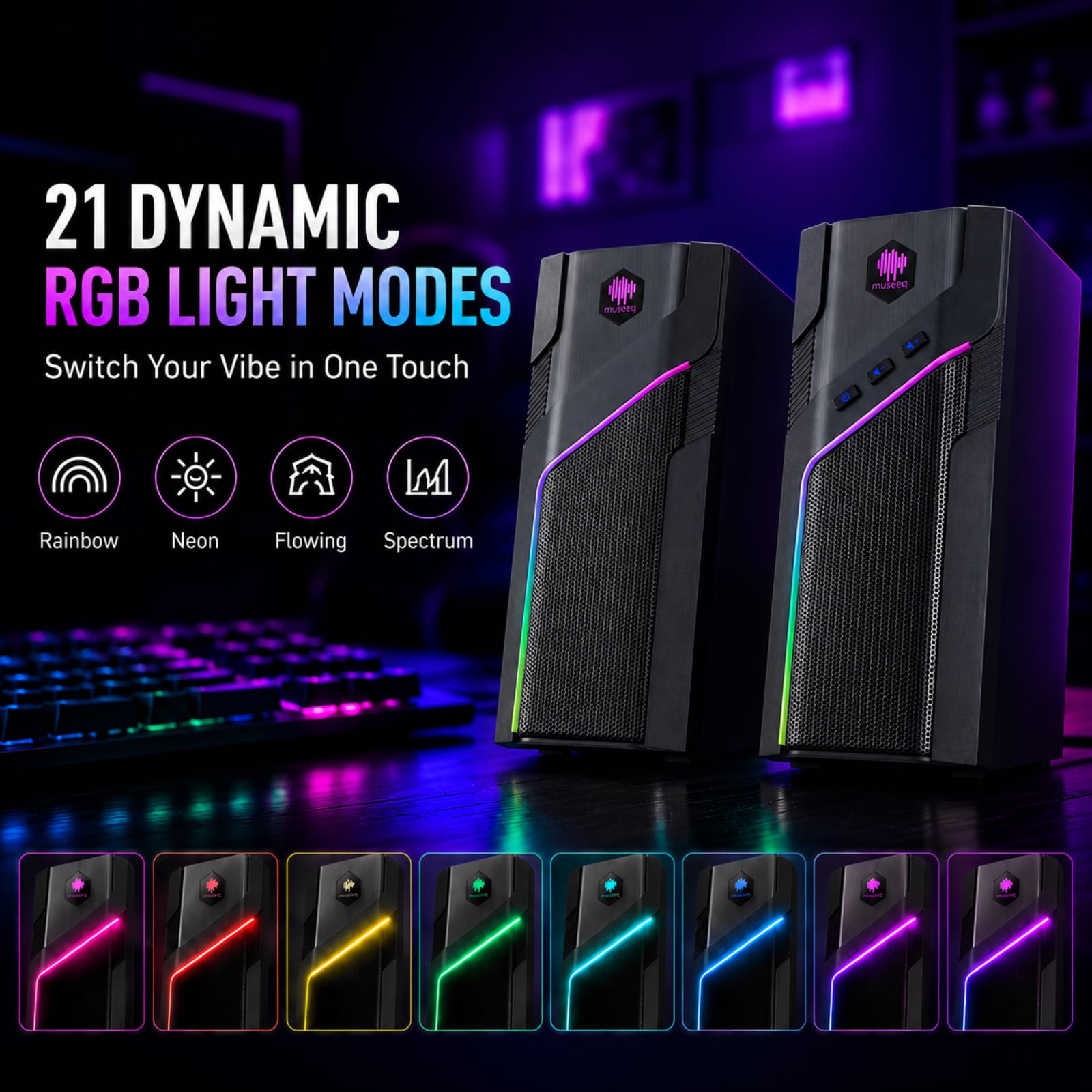 W-206RE RGB Gaming Speakers for PC, Bluetooth & USB Desktop Speakers for Gaming PC and Monitor, Touch Control Stereo Computer Speakers with 21 LED Light es