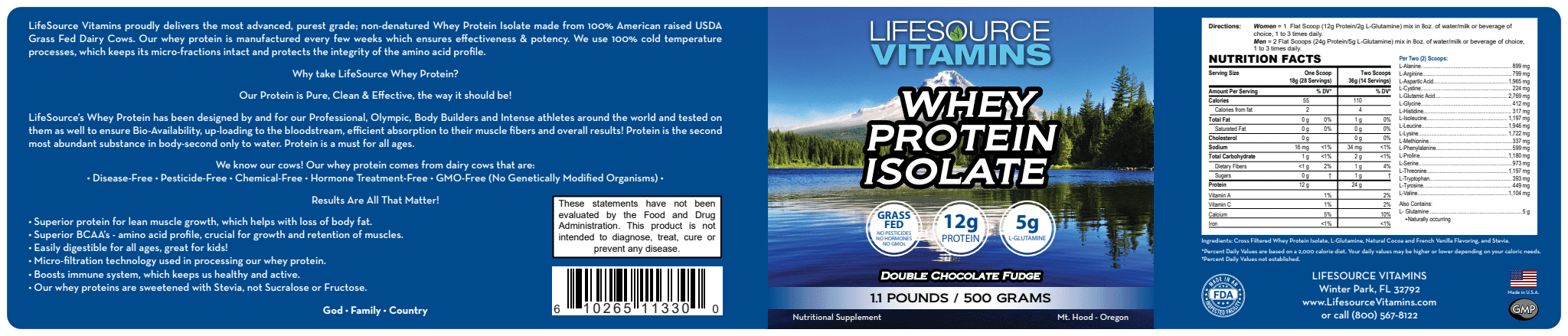 LifeSource Vitamins 1.1 lbs Grass Fed Whey Protein Isolate - Double Chocolate Fudge w/Stevia