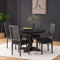 Noble House Ardyce Fabric Upholstered Wood and Cane 5 Piece Circular Dining Set, Gray and Black
