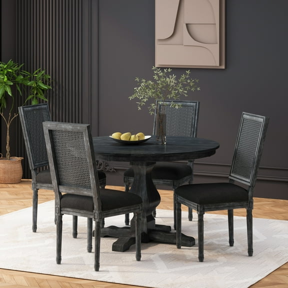 Noble House Ardyce Fabric Upholstered Wood and Cane 5 Piece Circular Dining Set, Gray and Black