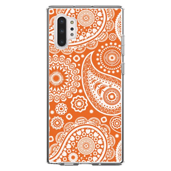 DistinctInk Clear Shockproof Hybrid Case for Galaxy Note 10 PLUS (6.8" Screen) - TPU Bumper, Acrylic Back, Tempered Glass Screen Protector - Orange White Paisley