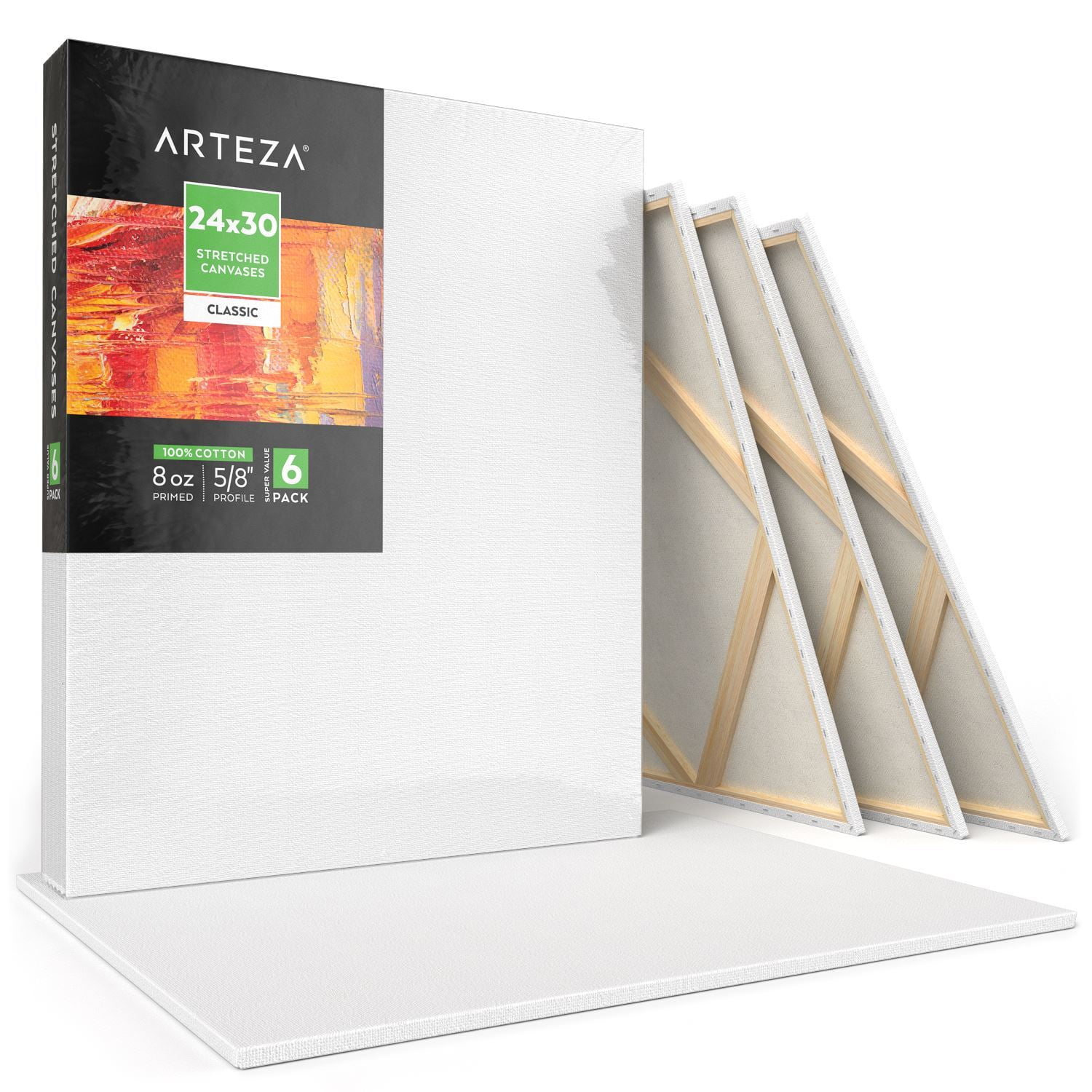 Arteza Stretched Canvas, Classic, White, 24"x30", Large Blank Canvas