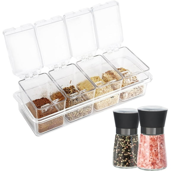 Toppings Containers with Lids and Spoons, Clear Seasoning Box Spice Rack with 2 Pcs Salt and Pepper Grinder Set, Acrylic 4 Compartment Condiment Organizer for Salt Sugar Cruet Peppercorn