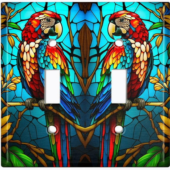 Metal Light Switch Wall Plate Outlet Cover (Printed Image of Stained Glass Parrot - Double Toggle)