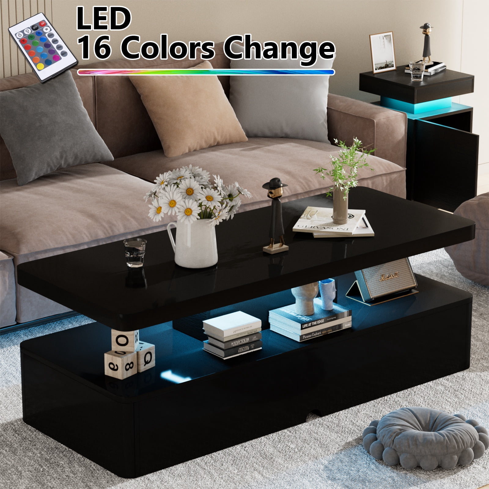 Bapipro Modern Coffee Table with Led Light, Modern High Glossy Cocktail Table with Remote, Black