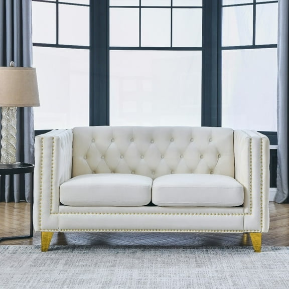 Living Room Sofa - Buttons Tufted Square Arm Couch in Beige Velvet (2S(W834S00052)) with Metal Legs and Sturdy Construction