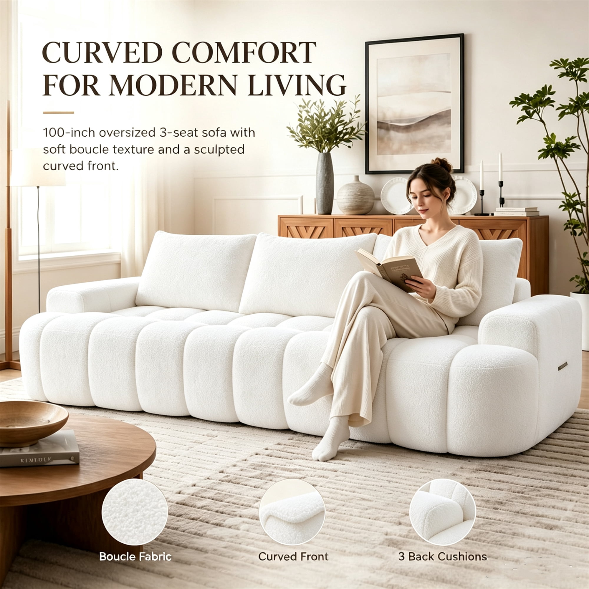 Aukfa 100" Oversized Boucle Cloud Sofa Deep Seat Boneless Couch with Curved Front for Living Room, Cream