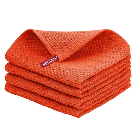

YUEtays Clearance 100% Cotton Waffle Weave Kitchen Dish Cloths Ultra Soft Absorbent Quick Drying Dish Towels 13.4x13.4 Inches 4-Pack Orange