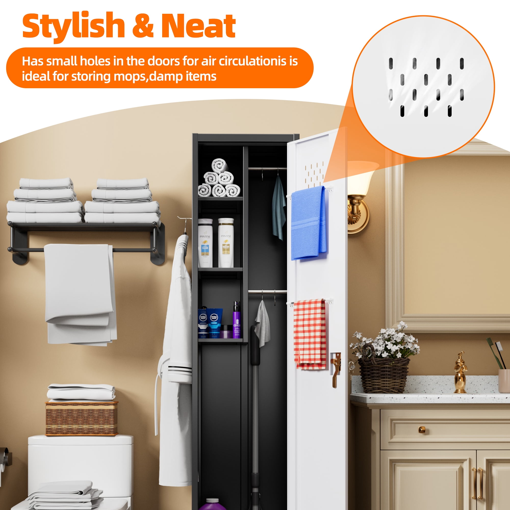 Aobabo 72''H Metal Broom Closet Storage Cabinet with Wheels, Steel Cleaning Tool Cabinet for Garage with Pegboards and Hooks,Assembly Required,Black/White
