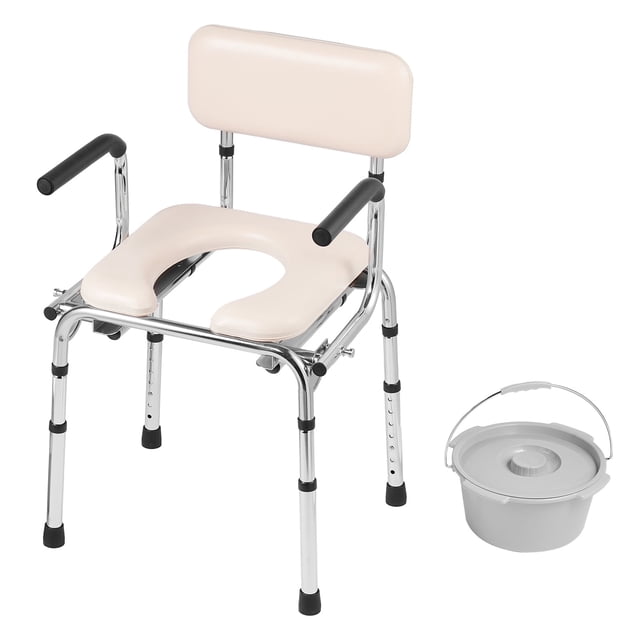 KFFKFF Toilet Chair, Portable Lavatory with Cushioned Seating, Foldable Arms, 7-Stage Height Modification, 5.8L Detachable Pail, Simple Assembly, 350LBS Weight Limit, for Elderly and Adult Users