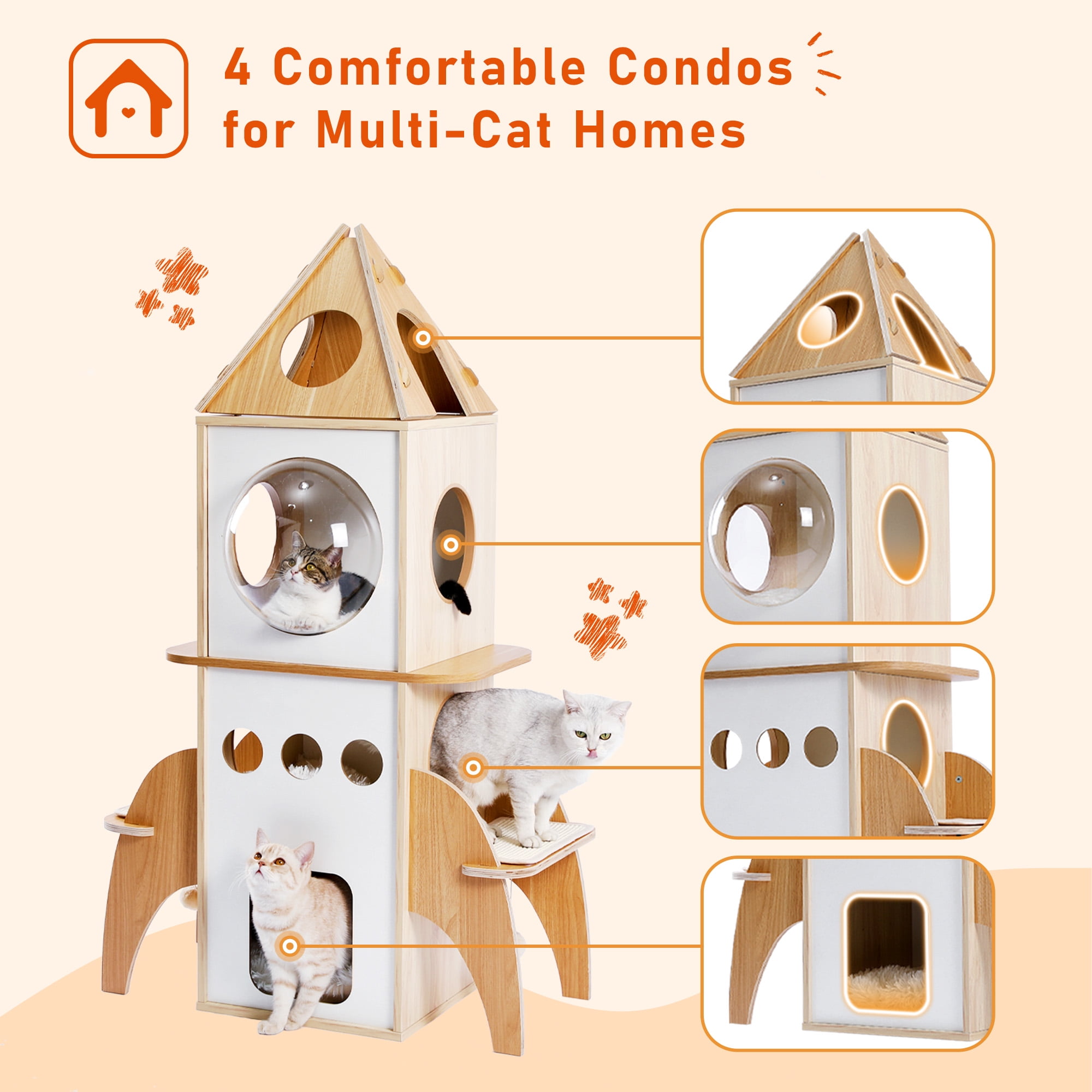 Kadyn 54" Multi-Level Cat Tower for Indoor, Cat Tree Rocket Shape Condo for Multiple Cats with 3 Condos, Dangling Balls, Attic Perch, Beige