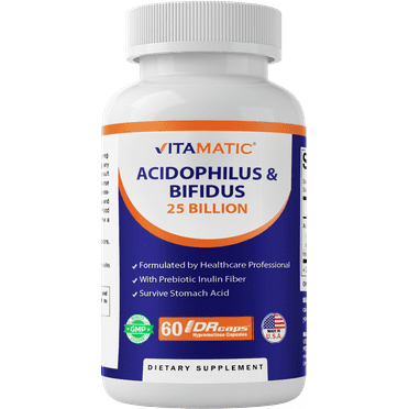 Vitamatic Acidophilus Bifidus 25 Billion DR Capsule - 60 Count - Digestive Support - Made with Prebiotic Inulin Fiber