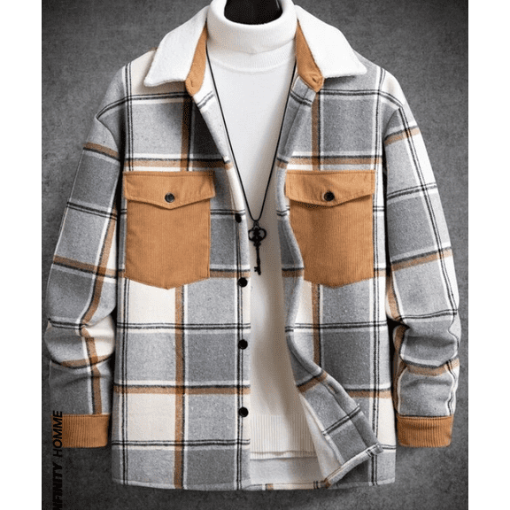 Plus size men's plaid printed flip pocket draped shoulder jacket