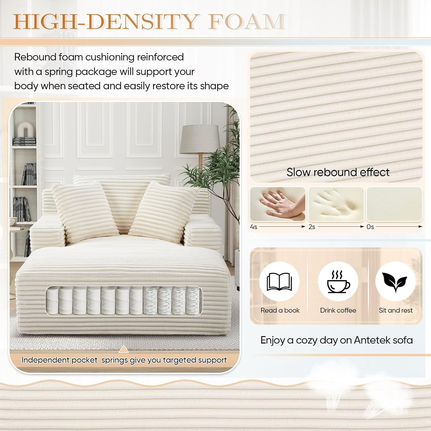 AENKYO 50" Chaise Lounge Sofa Bed with 3 Pillows, Convertible Sleeper Couch for Living Room, Bedroom & Small Spaces - Corduroy Upholstered Deep Seat Comfy Furniture - White