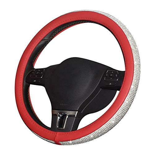BLVD-LPF OBEY YOUR LUXURY Steering Wheel Cover | Universal Crystal Bling Ring for Auto Start Engine Ignition Button Key | Made of Pu Leather Red Color
